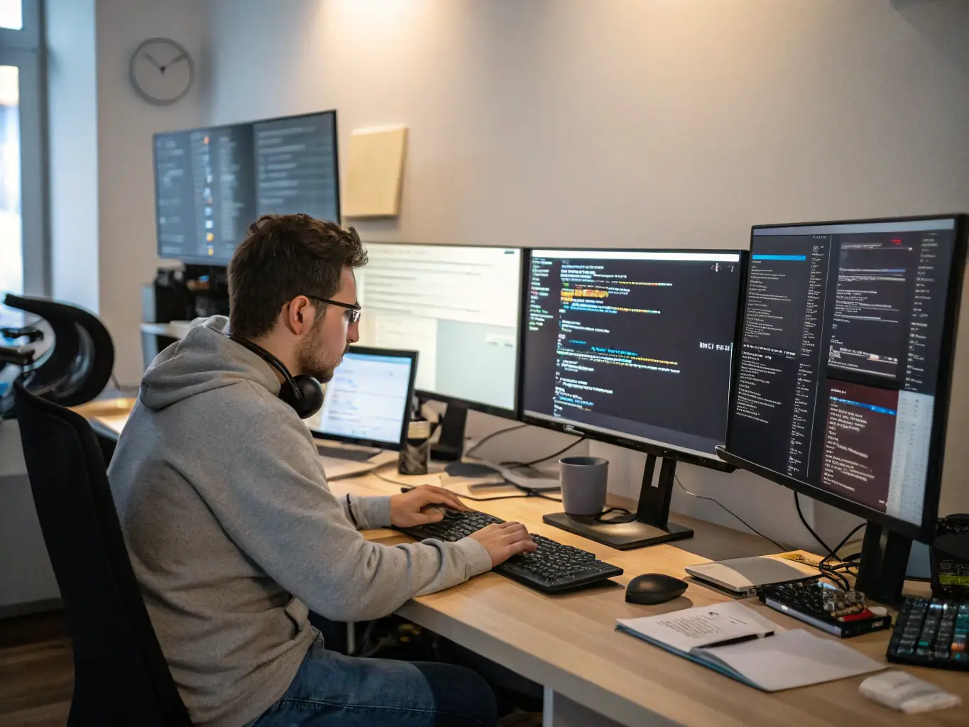 An image showing a technician working on a computer with code on the screen, indicating updates and maintenance.